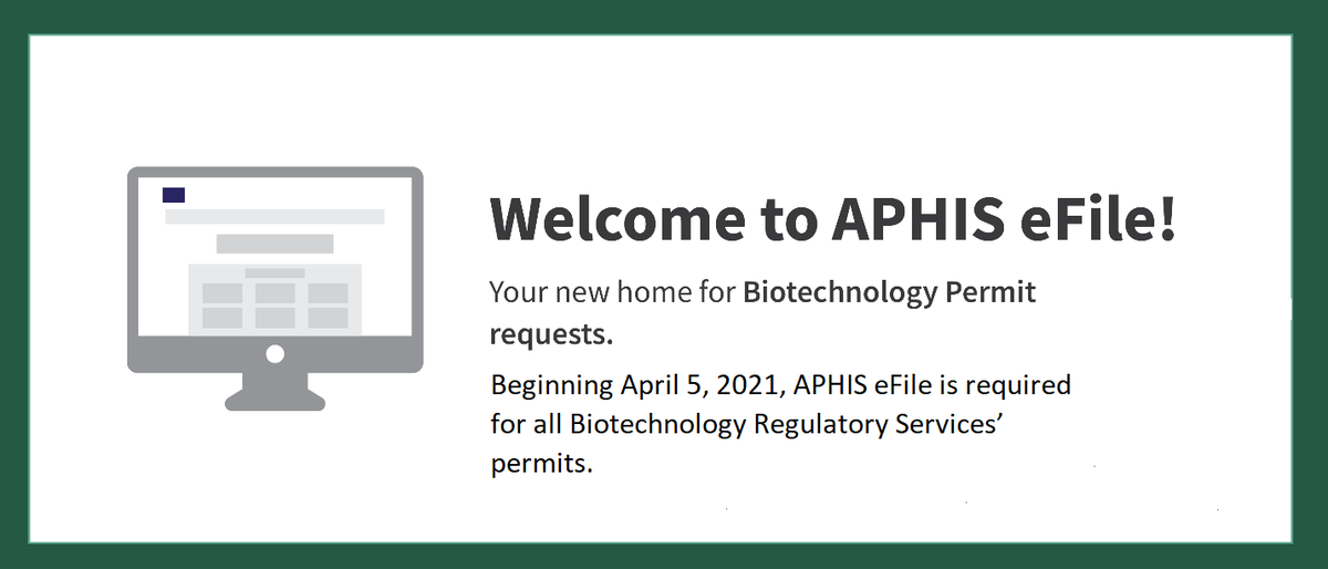 USDA_APHIS's tweet photo. Beginning April 5, 2021, all applicants for permits from USDA-APHIS’ Biotechnology Regulatory Services (BRS) must apply using APHIS eFile. Create your APHIS eFile account today to prepare for BRS' transition from ePermits: https://t.co/fxx9UWk1gT. #USDAAPHIS https://t.co/GBWMscX2ND