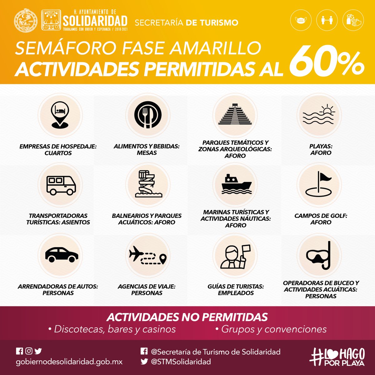 Nos encontramos en #SemáforoAmarillo. No bajemos la guardia. #PlayaDelCarmen #PuertoAventuras 

Estas son las actividades permitidas al 60%  🏖️🏩⛵️🥽

#NosCuidamosTodos #SemanaSanta2021 #DestinoSeguro