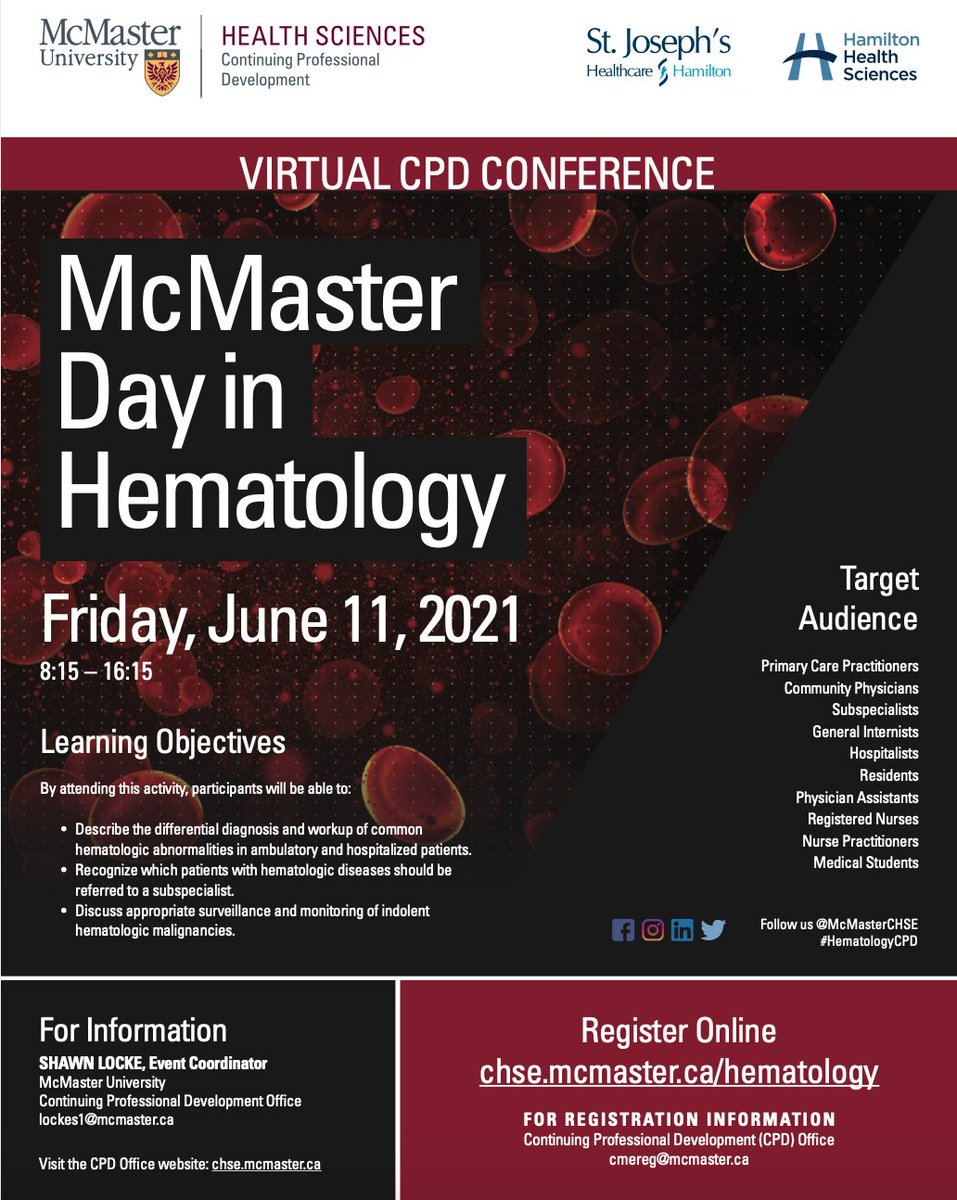 SMithoowani's tweet image. Pleased to announce our INAUGURAL McMaster Day in Hematology! Join our distinguished (and diverse!) faculty on June 11 to have all your Hematology questions answered. Over the next few weeks, I will highlight our all-star lineup of speakers... /1