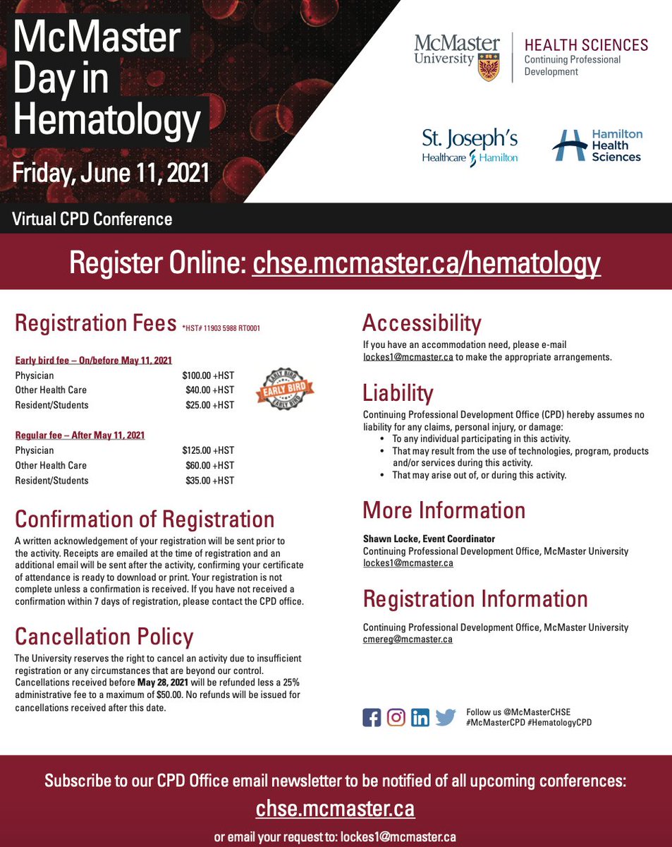 SMithoowani's tweet image. Pleased to announce our INAUGURAL McMaster Day in Hematology! Join our distinguished (and diverse!) faculty on June 11 to have all your Hematology questions answered. Over the next few weeks, I will highlight our all-star lineup of speakers... /1