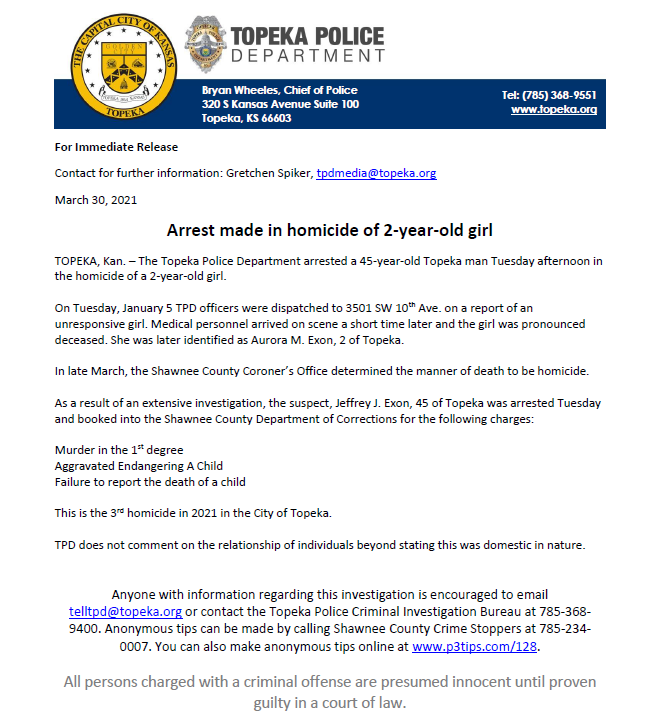 Topeka_Police's tweet photo. Today we arrested a 45-year-old Topeka man in the homicide of a 2-year-old girl. 

Violent crimes against children rock the foundation of communities. We remain steadfast in our commitment to respond to these horrific incidents accordingly. https://t.co/H9DGAvRPJN