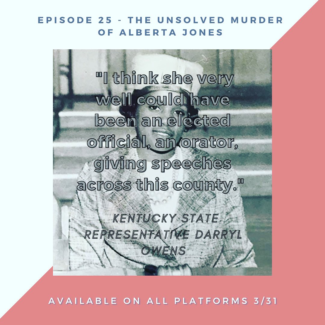 WhatACrimePod's tweet photo. Our final March Madness/KY themed episode will post TOMORROW

Make sure you click the link below to subscribe! You don’t want to miss this episode about KY civil rights icon, Alberta Jones.

https://t.co/5dQQ6DXLfE

#AlbertaJones #Louisville #blacklivesmatter #truecrime https://t.co/2lNxrMq4sI