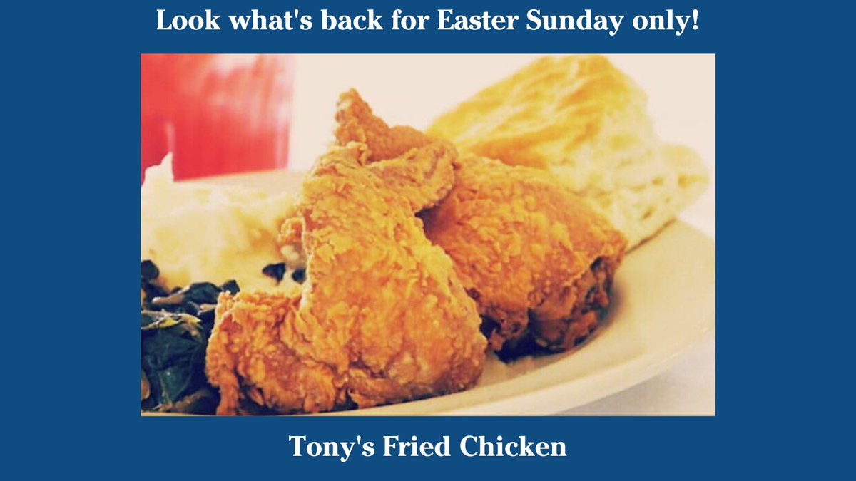 HydeParkBnG's tweet photo. Tony's Fried Chicken is making a guest appearance on Easter Sunday ONLY!  Come get it while you can! Available all day Sunday, April 4th (until we run out) for dine-in and curbside pick-up. https://t.co/Sv9bRpHi09