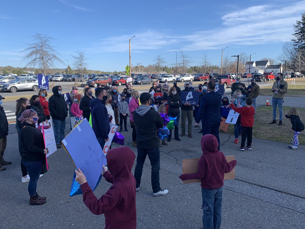 TStackhouseWMTW's tweet photo. Families have gathered outside the Augusta Civic Center in an effort to encourage lawmakers to support their advocacy to fully reopen schools. Campaign is called: #Backto5 @WMTWTV https://t.co/8cWetQx2Dz