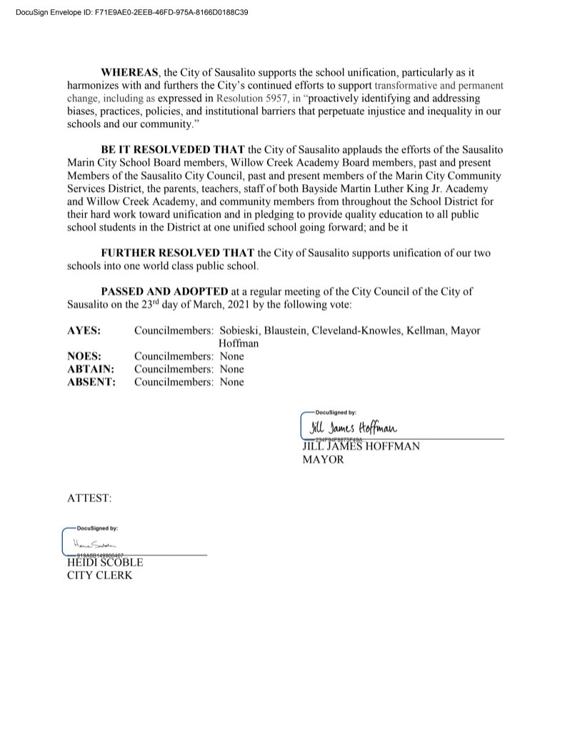 DrGSMCSD's tweet photo. Proud to share that our unification resolution was recently signed by the City of Sausalito! We are proud to unify Willow Creak Academy and Bayside Martin Luther King Jr. Academy.
#smcsd #willowcreekacademy #baysidemlk #unification #diversityandinclusion #sausalito https://t.co/u793jN1Xgp