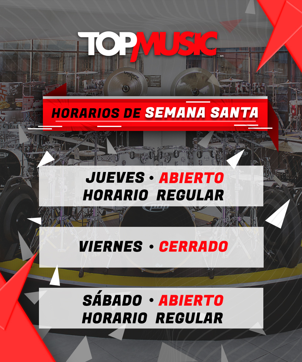 🕘 🤘 🥁 🎤  Te compartimos nuestros horarios de Semana Santa. Jueves: Abierto en horario regular / Viernes: Cerrado / Sábado: Abierto en horario regular / #TopMusic #Horario #SemanaSanta