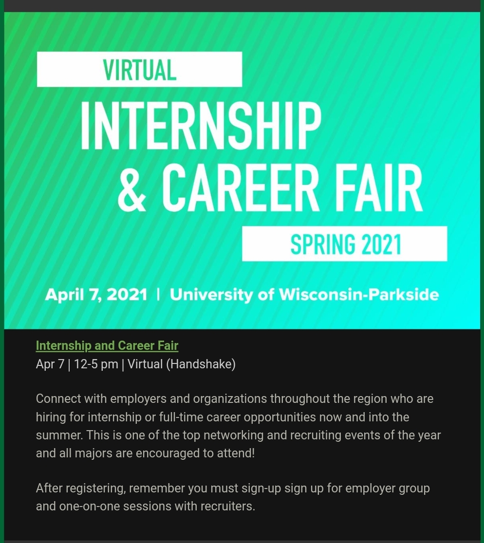 UWPComm's tweet photo. THIS JUST IN: Important Info regarding Virtual Internship &amp; Career Fair click the link below for more details 
https://t.co/IQl7rV5vQo https://t.co/WbHWloMK5s
