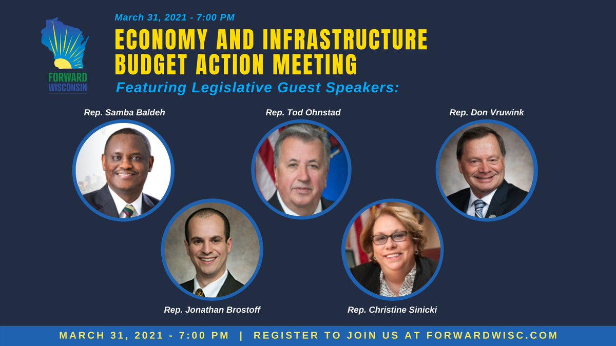 Forward_Wisc's tweet photo. HAPPENING TOMORROW: Economy and Infrastructure Budget Action Meeting! 

Join our hosts @RepGreta &amp; @RepGoyke, along with our amazing legislative guest speakers @RepSambaBaldeh, @RepBrostoff, @RepTodOhnstad, @RepChrisSinicki, &amp; @RepDonVruwink for March's FINAL Action Meeting! https://t.co/sjLjzlxEnR