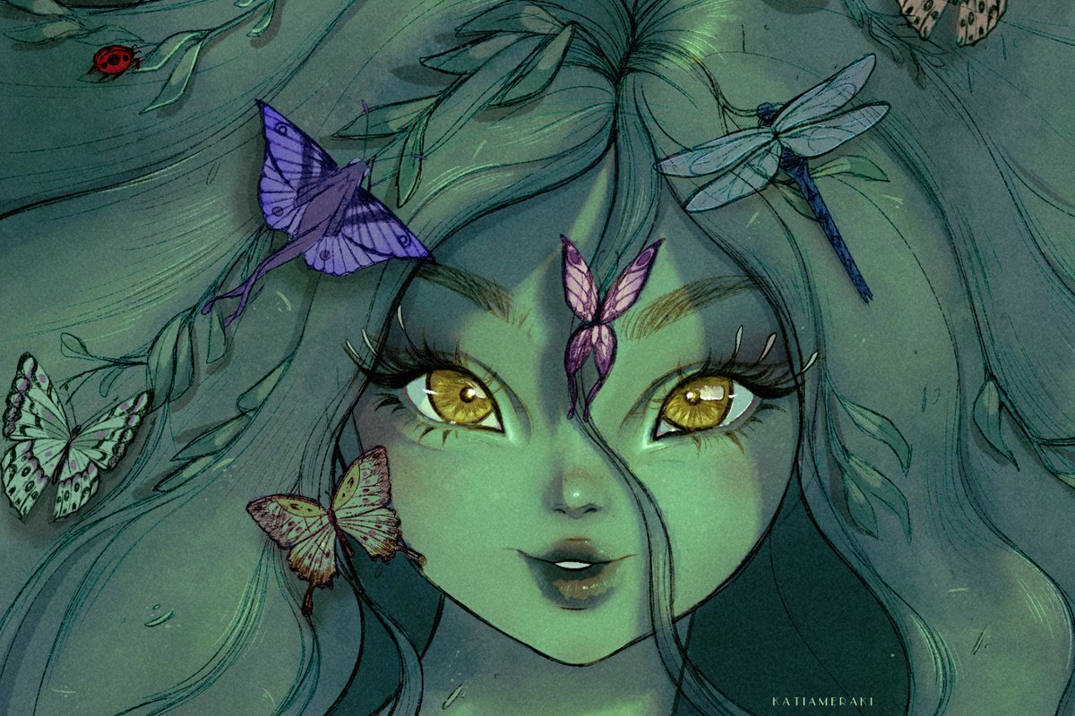 1girl bug solo butterfly yellow eyes portrait looking at viewer  illustration images