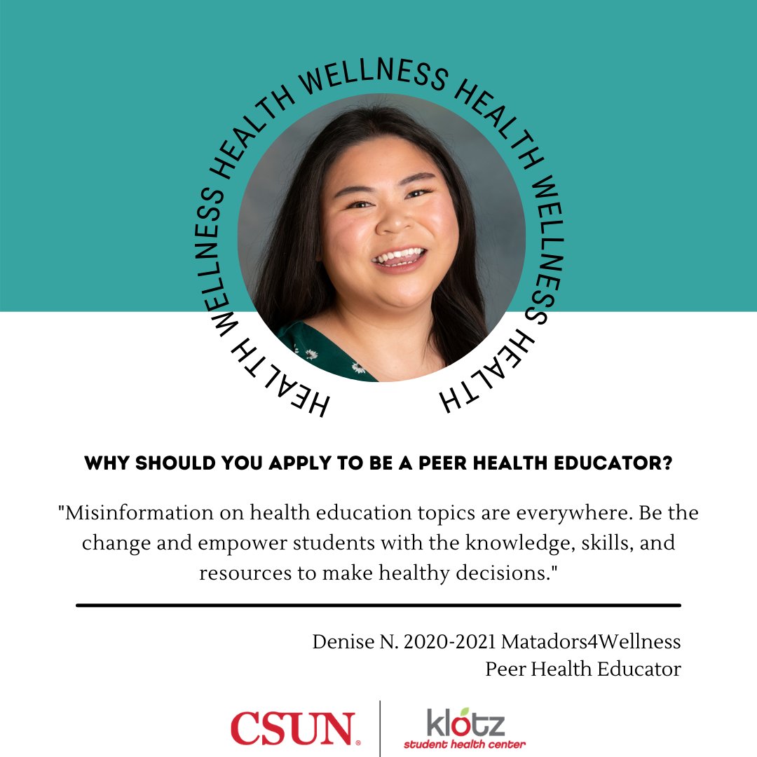 CSUNStdntHealth's tweet photo. Applications to become a Matadors4Wellness peer health educator are still open! Tomorrow is the last day to get your application in for the 2021-2022 academic year. 

To apply visit: https://t.co/AAVv3PcAIx.

#csun #csunlife #matadors4wellness #klotzshc #healthatcsun https://t.co/wu1aIwSqjV