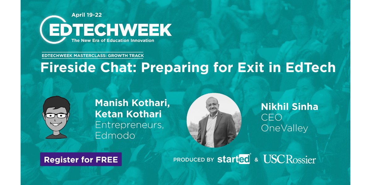 edtechweek's tweet photo. The exit sign isn't always obvious. See through the smoke in this #EDTECHWEEK Fireside Chat w/ Manish Kothari &amp; @ketan_kothari from @edmodo, moderated by Nikhil Sinha from @onevalley. Master optimizing for an exit in #edtech.  Register for Free: https://t.co/tgGcUovLAY https://t.co/onUVLbsydv