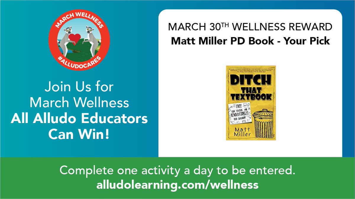 AlludoPlay's tweet photo. Two days left for #MarchWellness and one lucky educator will receive their pick from @jmattmiller #PD. Which one? #DitchThatTextbook #DitchThatHomework #DontDitchThatTech and more. SO many to choose from! https://t.co/DyBWgmWn0u https://t.co/OdfMD2B0bb