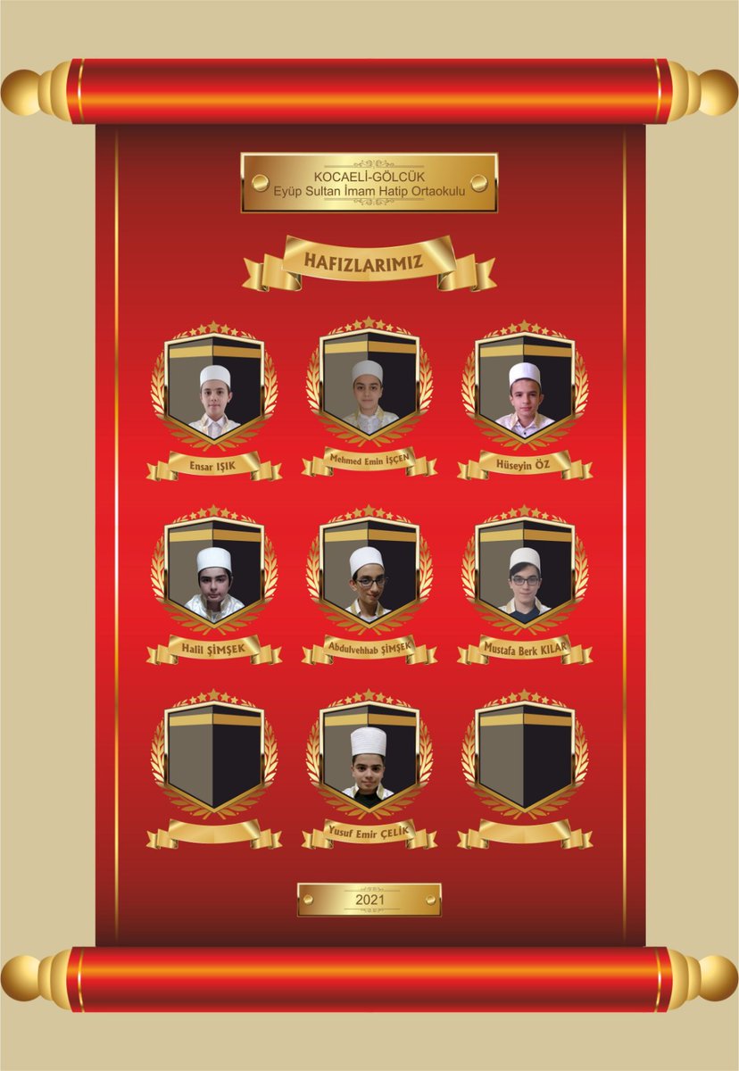 Okul Kuran Kursu İşbirliğine Dayalı Örgün Eğitimle Birlikte Hafızlık Projesi uygulayan okulumuzun 08 Mart 2021 tarinde girdikleri Hafızlık sınavında Hafızlık belgesi almaya hak kazanan öğrencilerimiz.
#Hafız #MebHafız #HafızMeb #EyupSultanHafızİHO #GölcükMEM