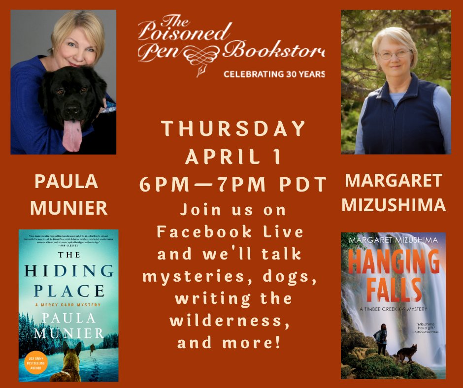 Please join @PaulaSMunier and me as we talk about #mysteries #dogs #writing and the #writerslife at the fabulous @poisonedpen Bookstore! Go here: facebook.com/thepoisonedpen… You don't have to be subscribed to FB to join.