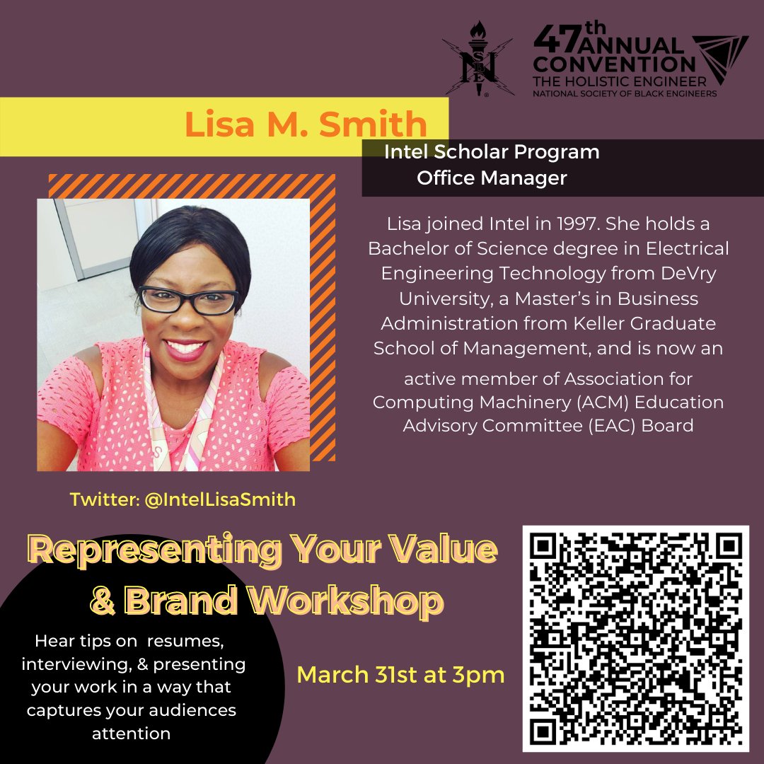 NSBE's tweet photo. Join @IntelLisaSmith at the NSBE Learning Lab Sponsored by Intel - Representing Your Value and Brand.
Hear tips and best practices on resumes, interviewing, and presenting your work in a way that captures your audience’s attention.
Register Today!
#nsbe47
#theholisticengineer https://t.co/XgGxY6jxpV