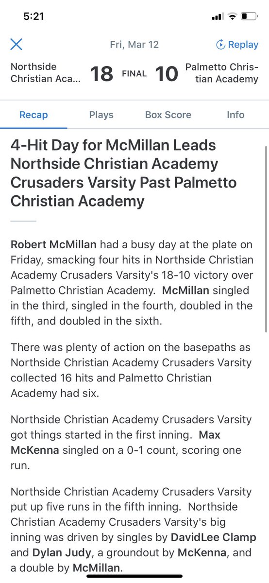 Crusaders Highlights 3/12/2021 vs. Palmetto Christian Academy

SP, Max McKenna- 3.2 innings, 
2 ER, 2 BB, 6 Ks, 2 H 

<a href="/RMcMillan_10/">Robert McMillan</a> 4-5 with 4 RBIs

Zack Provenzano 4-5 with 1 RBI 

NCA: 18 PCA: 10