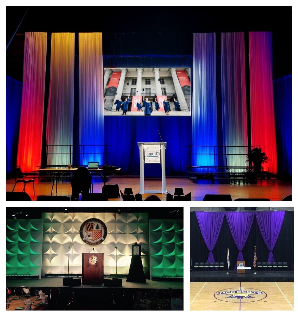 Leave a lasting sense of pride and school spirit amongst students and families with colorful staging and decor  at graduation. Drape, branded scenic and lectern rentals are suitable for indoor and outdoor ceremonies nationwide. #graduation2021 #commencement