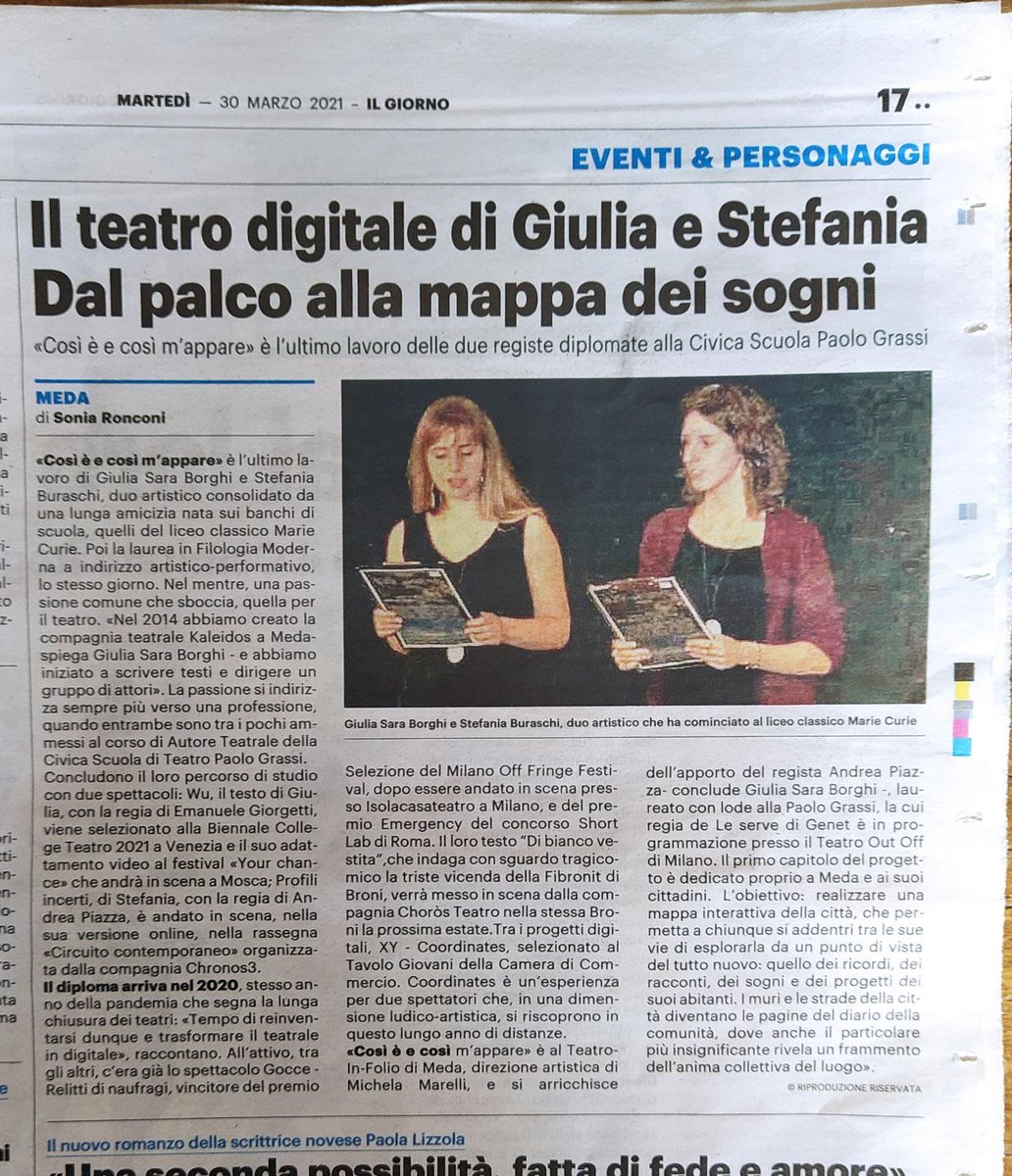 CarteVive's tweet photo. da Il Giorno
Il teatro digitale di Giulia e Stefania
Dal palco alla mappa dei sogni
di Sonia Ronconi
Giulia Sara Borghi e Stefania Buraschi
Compagnia Kaleidos https://t.co/zqzG2wCehC