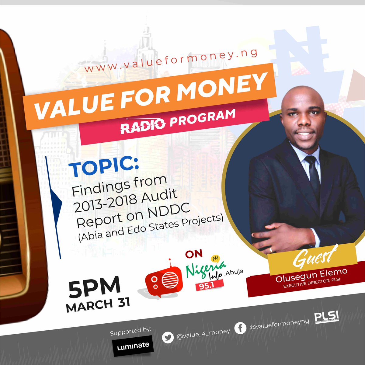 value_4_money's tweet photo. We are focusing on #Abia and #Edo states tomorrow. We’ll discuss and share #AuditData as it concern development projects located in these two #NigerDelta states. Join us from 5pm WAT #ValueForMoney

Listen online: https://t.co/8xawlU41cC https://t.co/oaqetw0v34