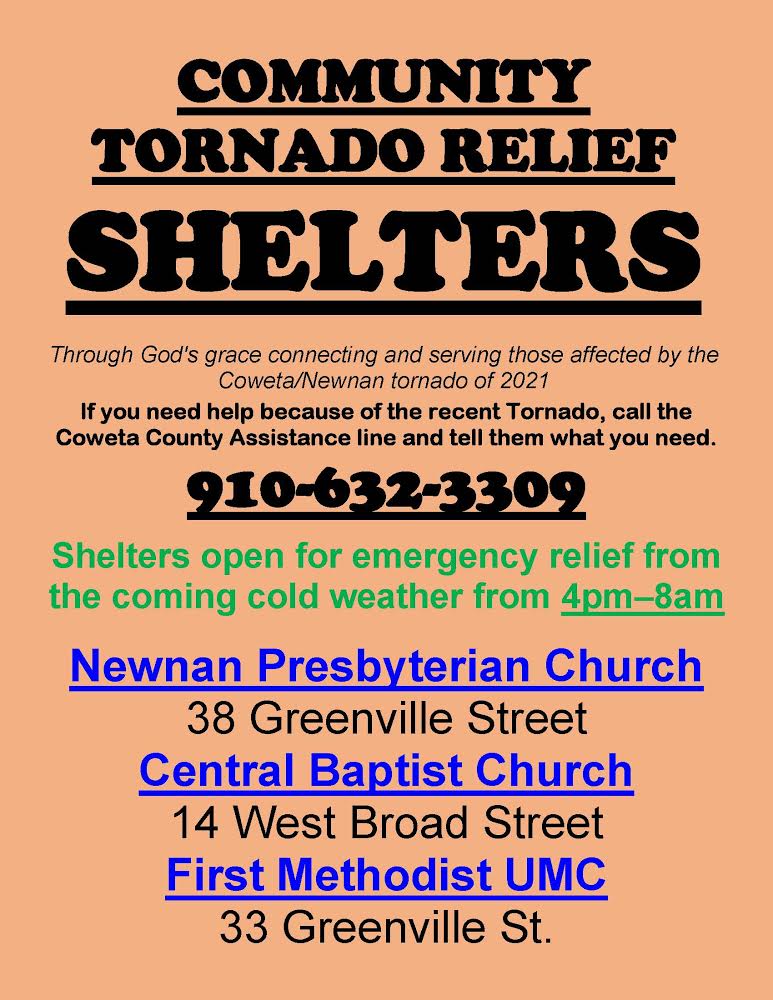 CynthiaEJenkins's tweet photo. It's going to get COLD tonight. If someone needs a place to stay for warmth or is displaced and needs something for a few days, here are some options. Dinner, showers, and cots are ready. Register at Presbyterian Church #sharethis #NewnanStrong. #NewnanTornado https://t.co/fATMBz4AnT