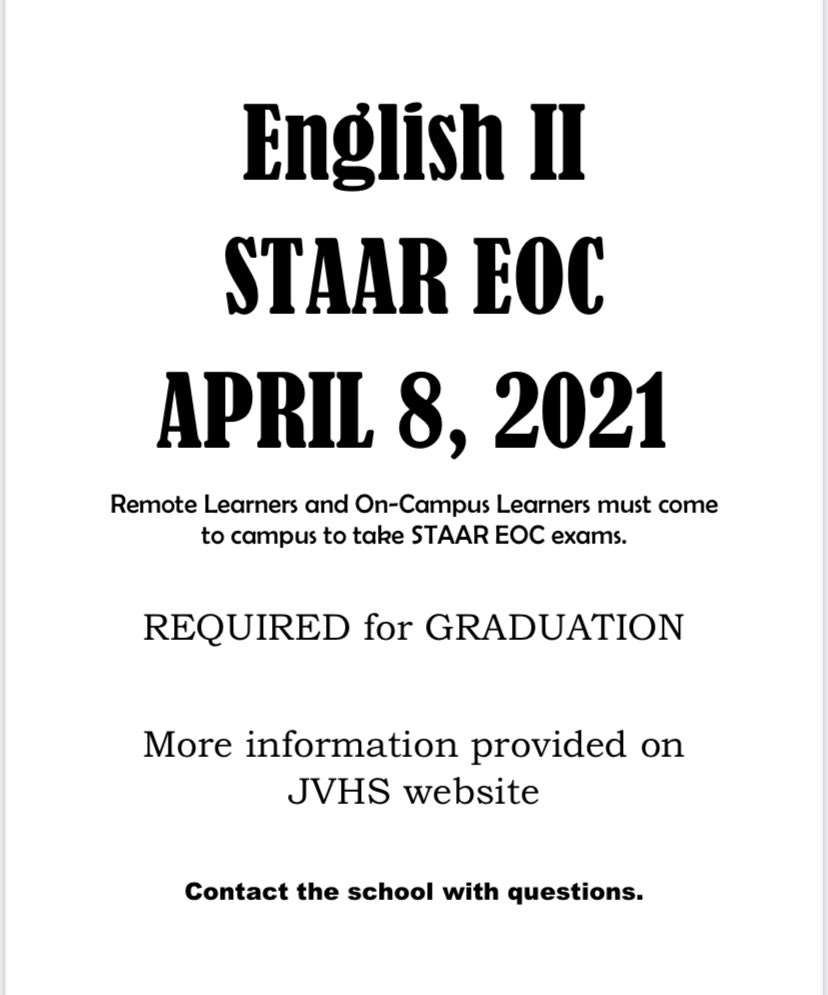 JvhsTesting's tweet photo. Next week is almost here!  Let’s do this English EOCs!  English 1 - April 6 and English 2 - April 8 https://t.co/EzeBLFtbnb
