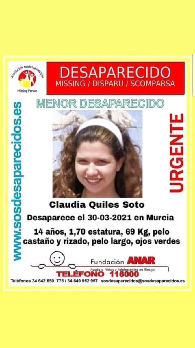 CaseFiliu's tweet photo. Por favor máxima difusión .
Desaparecida en Murcia .
@regiondemurcia @MurciaPolicia @La7_tv @112rmurcia https://t.co/NS0aZYl2KF