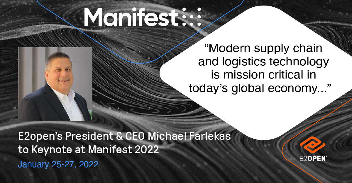 _CloudLogistics's tweet photo. We are excited to announce that E2open’s President &amp; CEO, Michael Farlekas, will keynote at Manifest 2022 in January!  https://t.co/jufrH9TrSF

#Manifest #SupplyChain #Logistics https://t.co/9vNOTthiKM
