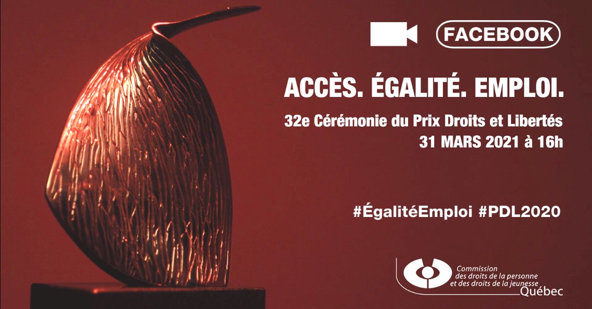 CDPDJ1's tweet photo. 32e CÉRÉMONIE du Prix #DroitsEtLibertés

Moins de 24h pour découvrir le nom des lauréats!

Rejoignez-nous demain mercredi 31 mars à 16h sur Facebook pour célébrer 6 employeurs inclusifs qui favorisent l'égalité en emploi au Qc

➡️https://t.co/JALp2qqUgp

#PDL2020 #ÉgalitéEmploi https://t.co/ypPVmYykEE