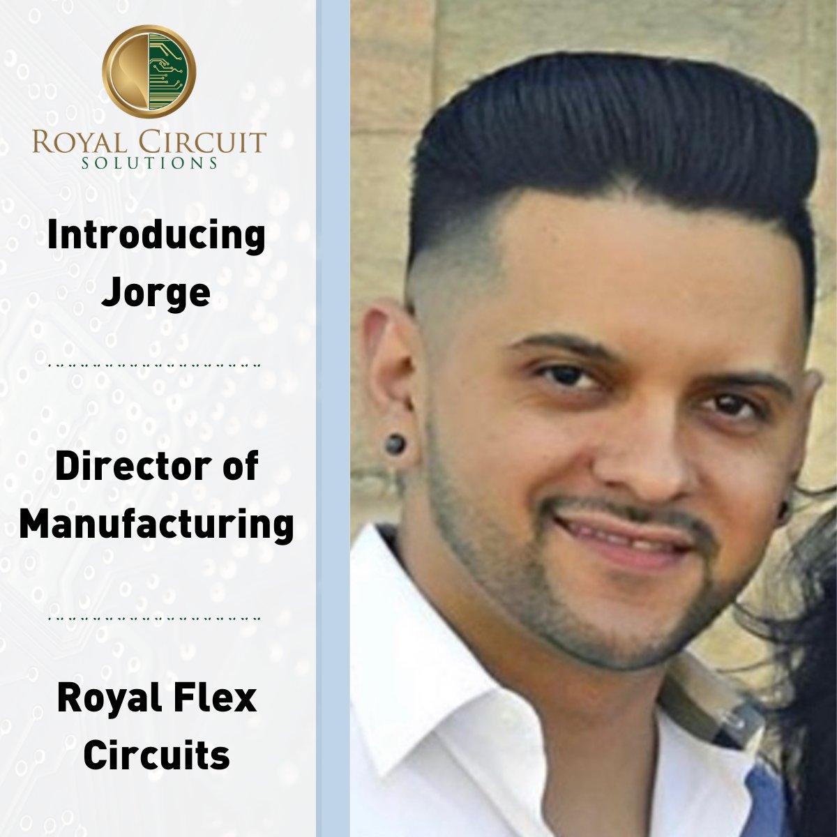 summit_pcb's tweet photo. We are thrilled to welcome Jorge Jauregui to Royal Flex Circuits! Jorge is the new Director of Manufacturing and is already making a positive impact. 

#pcb #pcbs #printedcircuitboards #electricalengineering #PCBmanufacturing #design #royalcircuits #rcs #designengineers https://t.co/8rWm3RvNsN
