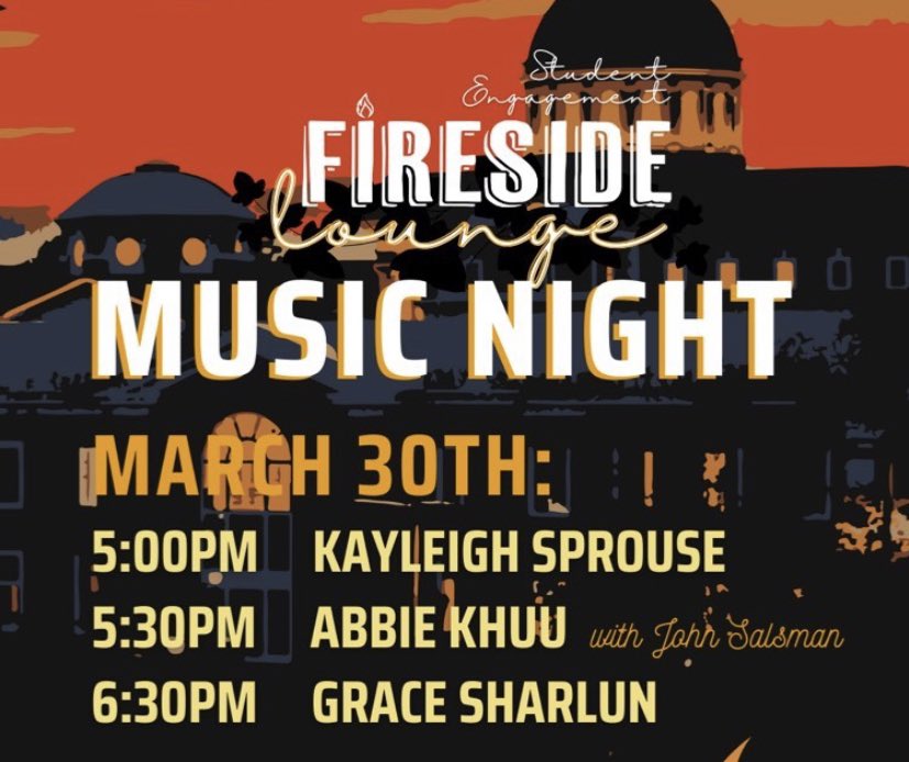 Happening now! Visit the Fireside Lounge for a beautiful view of campus and to hear some great tunes from fellow Captains. See you there!