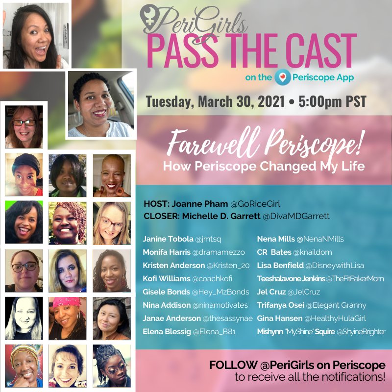 👉 Check out this amazing lineup on today's FINAL #PeriGirls #PassTheCast! 
Our theme: Farewell Periscope! How #Periscope  Changed My Life

Join us at 5PM PT on THURSDAY  10/24/2019 to watch all the fun on the @PeriscopeCo app💞