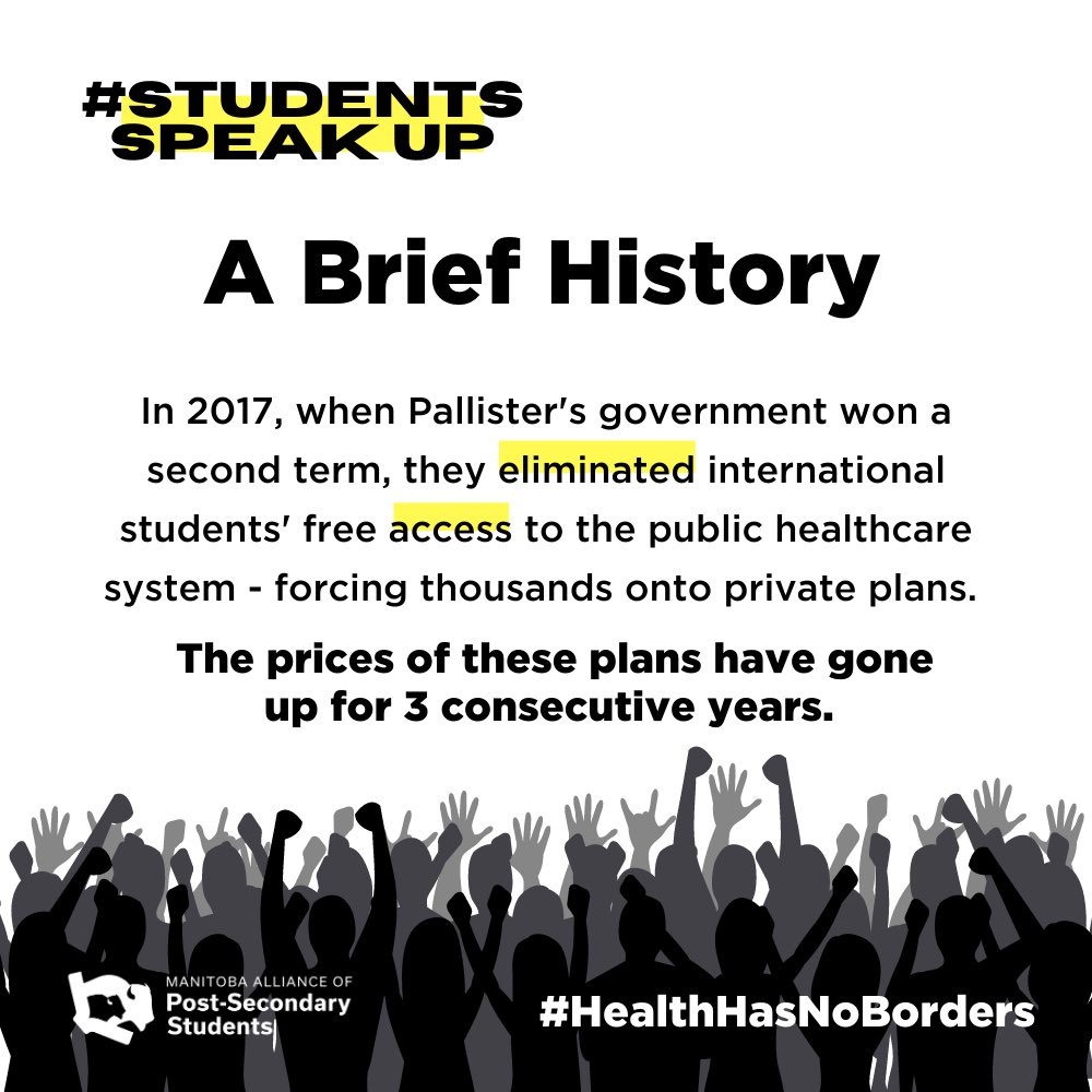 mapsstudents's tweet photo. Swipe for a crash course on international student healthcare in MB &amp; how you can help fight for a more affordable, just future 🌏📣

Take action by txting (343) 300-0400, which will contact decision makers using our automated tool
#HealthHasNoBorders #StudentsSpeakUp #mbpoli https://t.co/KEh7D6roGt