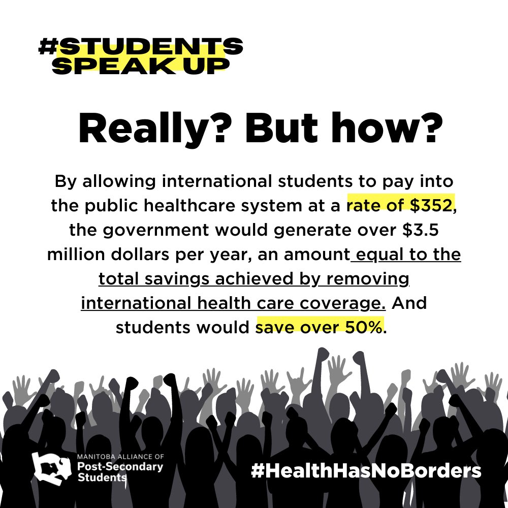 Swipe for a crash course on international student healthcare in MB &amp; how you can help fight for a more affordable, just future 🌏📣

Take action by txting (343) 300-0400, which will contact decision makers using our automated tool
#HealthHasNoBorders #StudentsSpeakUp #mbpoli