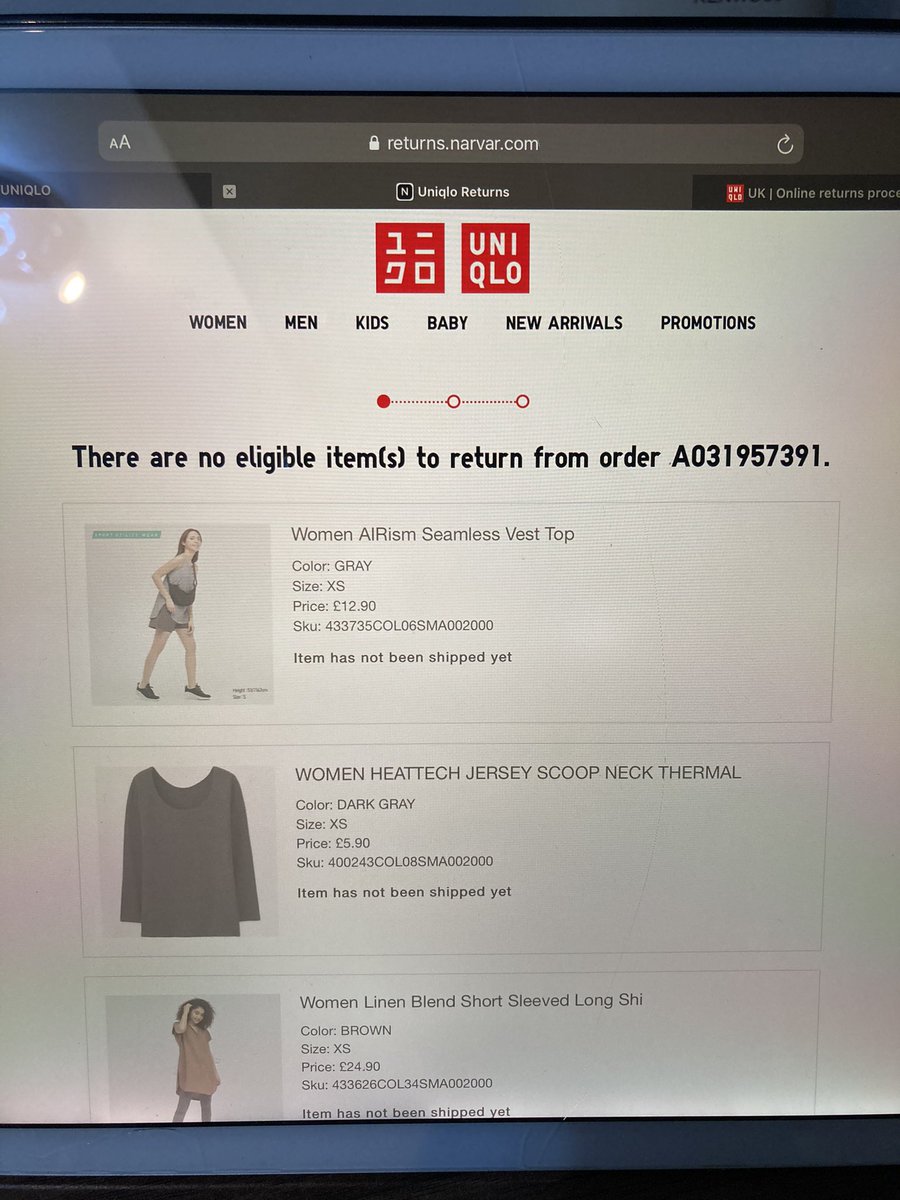 lash134's tweet photo. @UNIQLO_UK Hi Uniqlo, I’m trying to send back a few items. However, my order says there are no eligible items to return because the “item has not been shipped yet”, even though I have received the items. Can you help me please? Thanks you. https://t.co/lTpjekfEMU