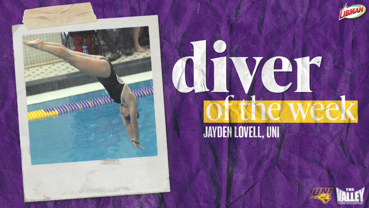 Diver of the Week ⫸ Jayden Lovell, @UNISwimming 

▪️ Took second place in the 1-meter dive with a score of 245.35 at the Coyote Invite Saturday
▪️ Finished in fourth in the 3-meter dive (245.80)

Libman | #TheValleyRunsDeep
