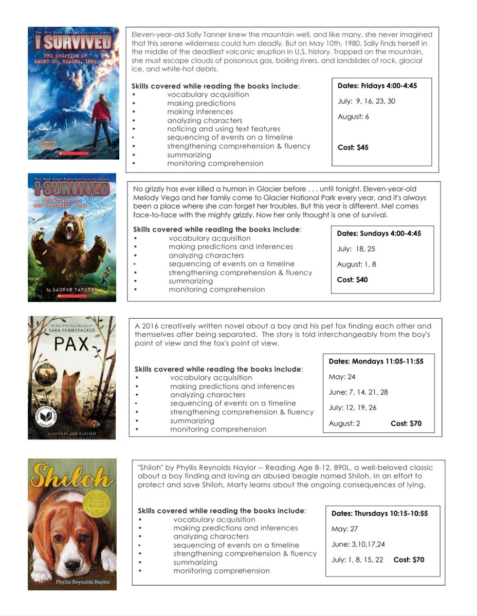 📚Are you looking for additional reading support for your 3rd, 4th or 5th grader this summer? Avoid the "Summer Slide" and make up for the gap created during Covid by joining one of my virtual Summer Book Clubs. 👩‍💻 All clubs will meet over Zoom!