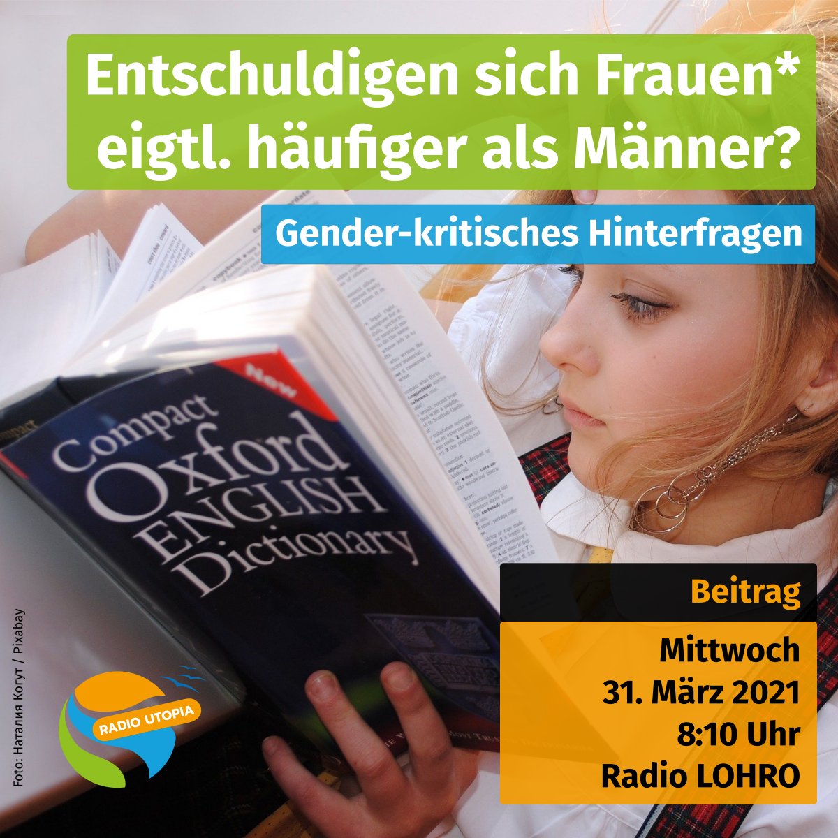 RadioUtopiaHRO's tweet photo. Entschuldigen sich Frauen* eigentlich häufiger als Männer? Erzieherin Julia möchte den Umgang mit Entschuldigungen gender-kritisch hinterfragen. Bob aus der Pogomania-Redaktion hat sie dazu interviewt. Das Ergebnis hört ihr gleich auf Radio @LOHRO https://t.co/nzKy7TdOgJ
