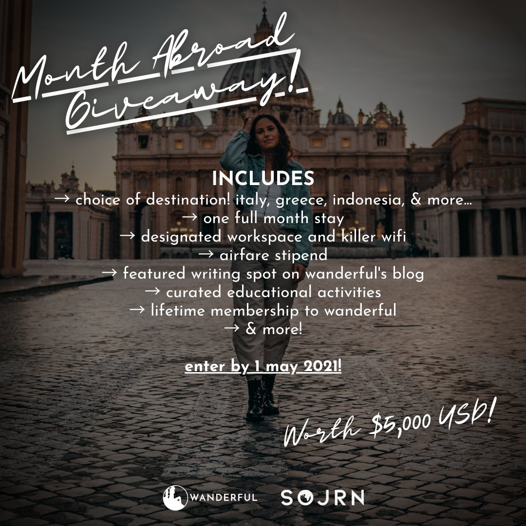 *GIVEAWAY ALERT* <a href="/sheswanderful/">Wanderful</a> and <a href="/sojrntravel/">sojrn</a> (powered by <a href="/FTLOTravel/">FTLO Travel</a>) are giving away a ONE MONTH TRIP to your destination of choice! Be a citizen journalist for Wanderful and live your dream life. Sweepstakes close 1 May. Enter here >>  bit.ly/3fqwt0W