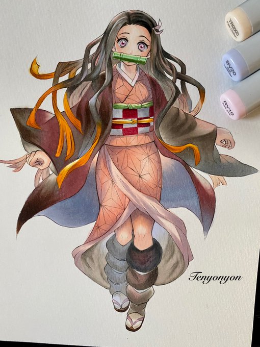 てにょにょんさんがTwitterに投稿した竈門禰豆子(鬼滅の刃)のイラスト。