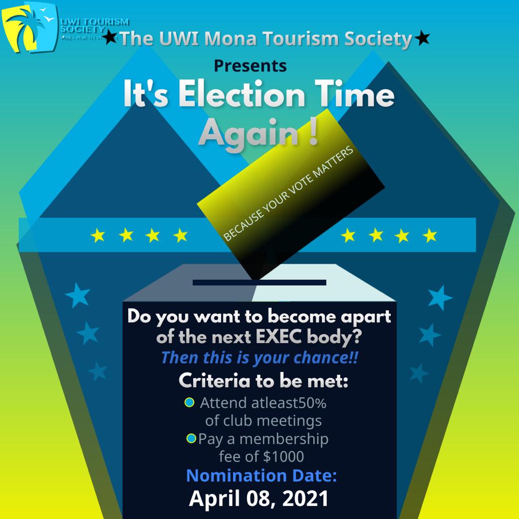 UWI_TourismClub's tweet photo. *🗣ANNOUNCEMENT🗣*

Do you want to become apart of the next executive body of the BEST club in the university? Do you have strong leadership qualities? 

Wellllll, IT’S ELECTION TIME AGAIN 🔑🔊✊🏾 

 DATE: April 8, 2021* https://t.co/DOKQiD16QI