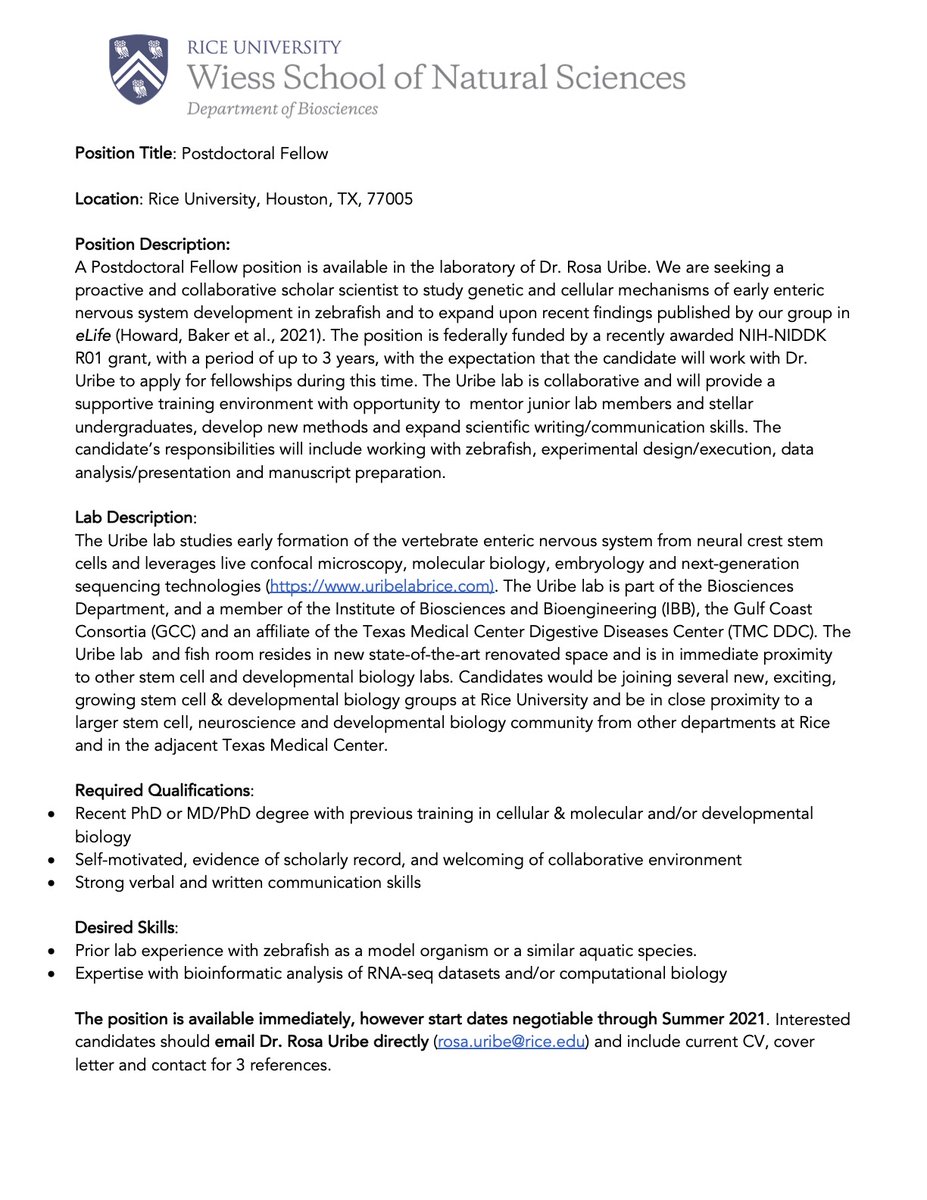 uribelabrice's tweet image. My lab has a position open for a NIH-funded Postdoctoral Fellow.

Come join a vibrant, growing developmental biology team in newly renovated space! @RiceUniversity #zebrafishjobs #ENS #devbio #neuralcrest

See details in image below. Please retweet, thank you much!