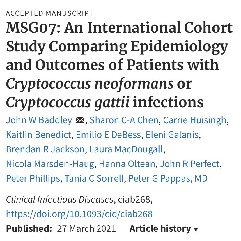 🔥 off the press 

MSG07 compared #cryptococcosis due to #Cryptococcus neoformans (n=452) vs C. gattii (n=257)

Compared to Cn, patients with Cg

☑️ often prev healthy (40vs10%)
⬆️lung infection (60vs32%)
⬇️ 🧠(50vs64%) or🩸 infections (8vs34%)

academic.oup.com/cid/advance-ar…