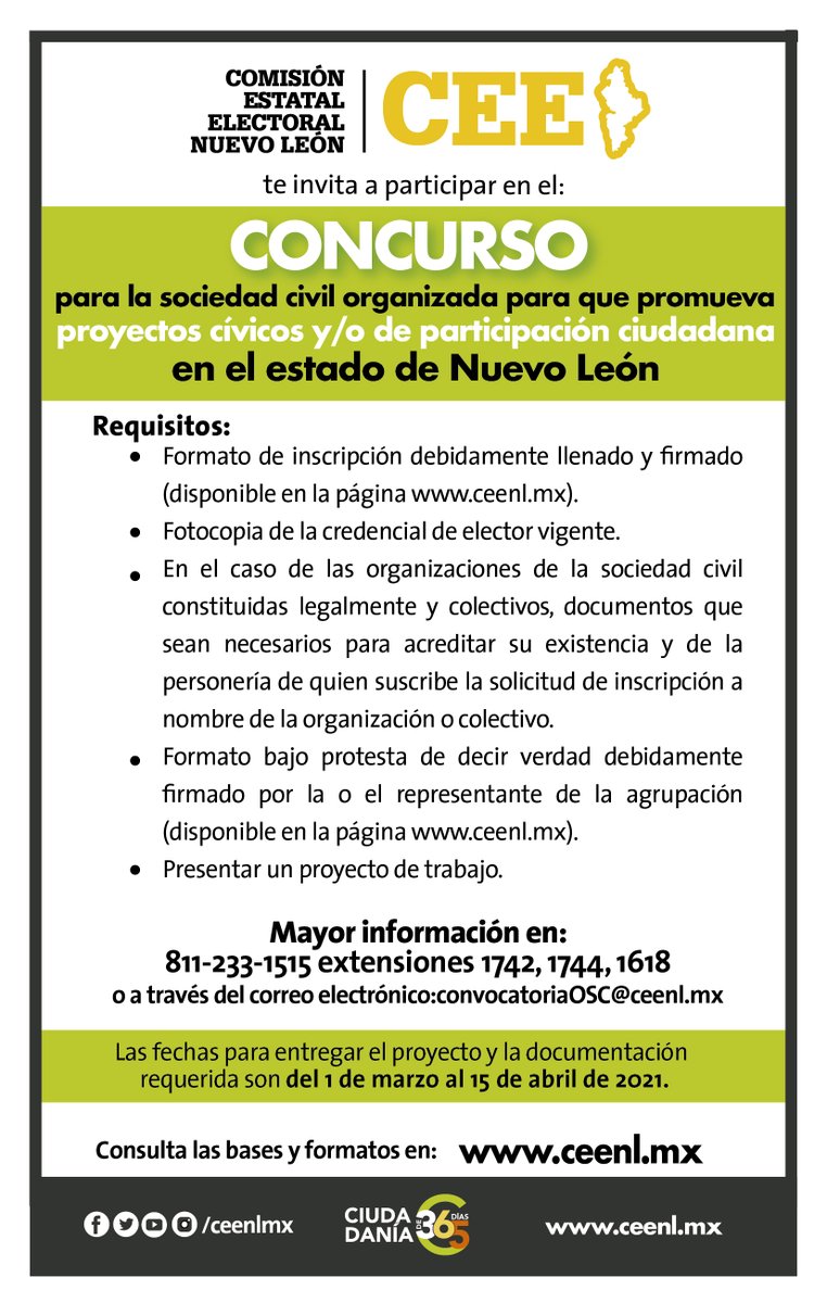 Comision Estatal Electoral Nuevo Leon On Twitter Concurso La Fecha Para Entregar El Proyecto Y La Documentacion Es Hasta El 15 De Abril De 20201 Revisa La Convocatoria Https T Co Nkysefpa9d Ciudadania365 Ceenl
