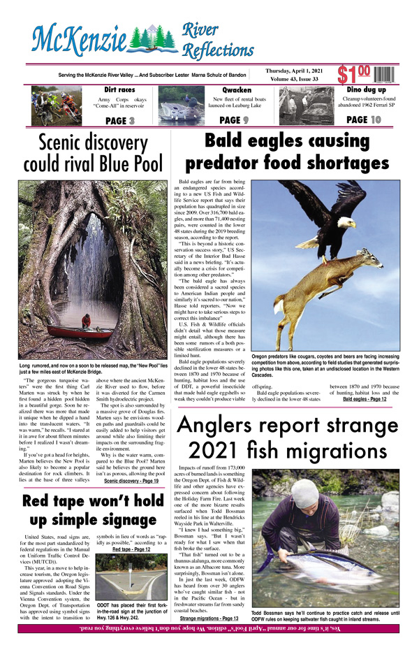 McKReflections's tweet photo. April 1st edition of McKenzie River Reflections @ https://t.co/I6HZCQKGHb #RivRef #McKenzieRiver #mckenziestrong https://t.co/FDXGIQzMiA