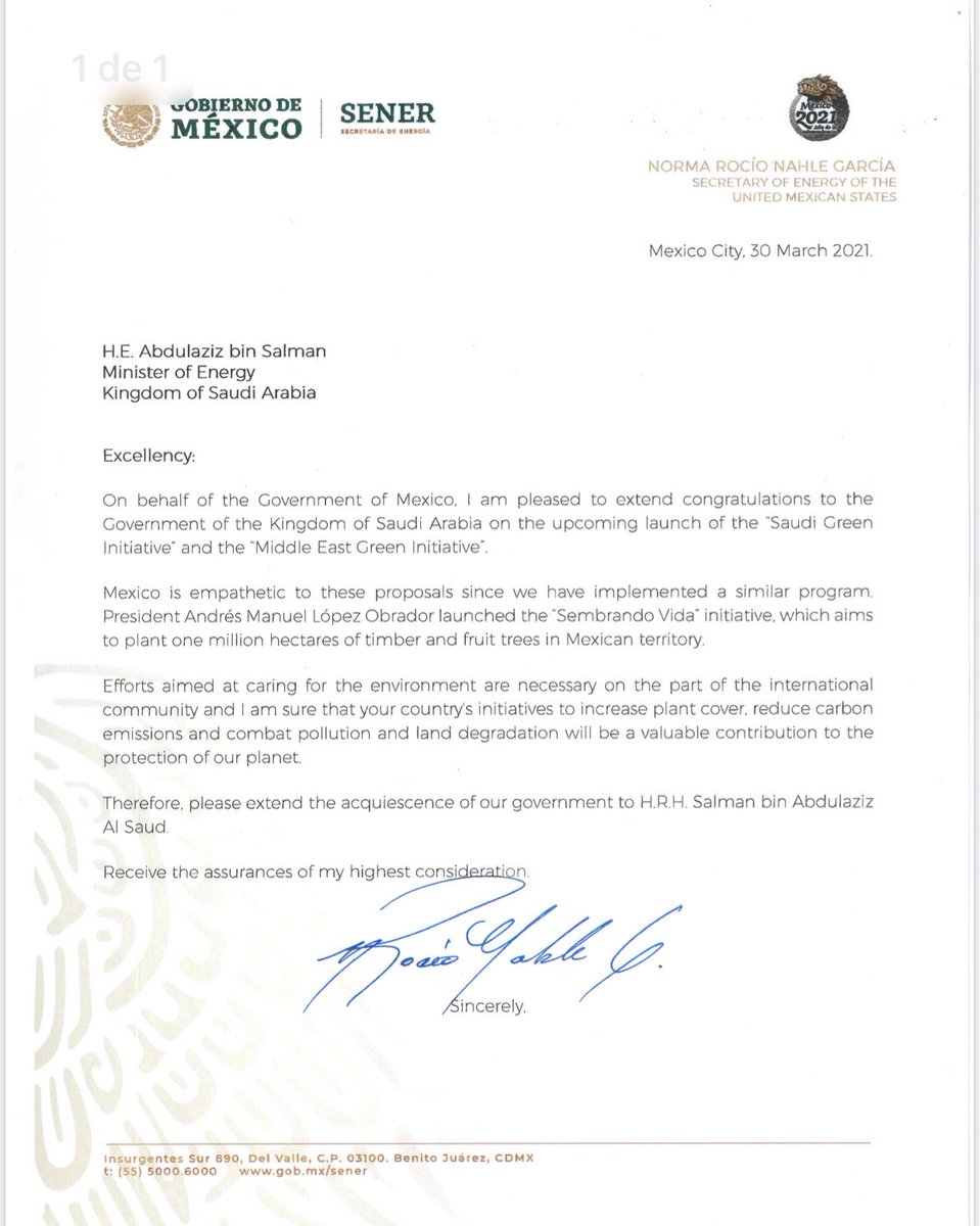 rocionahle's tweet photo. El ⁦@GobiernoMX⁩ felicita al gobierno de Arabia Saudita por la iniciativa “Saudí verde” cuyo propósito es reforestar 10 millones de hectáreas y aumentar la cobertura vegetal. En México tenemos un programa similar “sembrando vida”.
⁦@KingSalman⁩ ⁦@lopezobrador_⁩ https://t.co/iMysKdIqqk