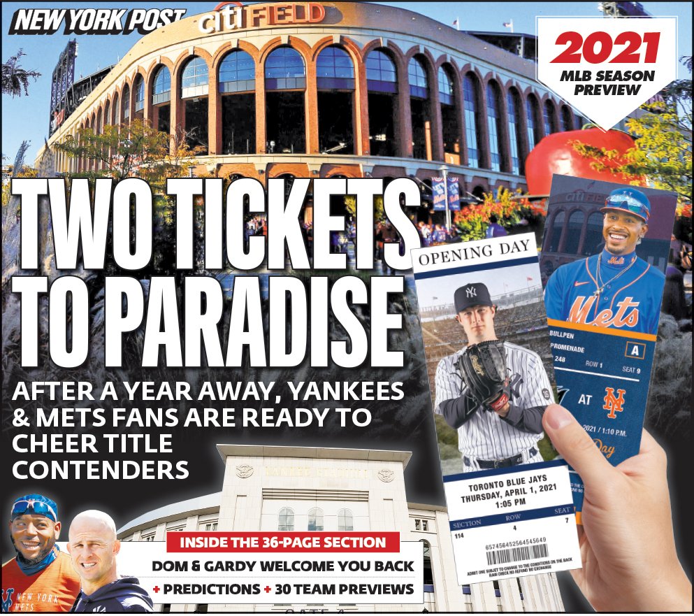 GoodmanHarrison's tweet photo. Fans are back and so is the @nypostsports MLB preview, 36 pages in Wednesday's paper @MikeVacc @Joelsherman1 @NYPost_Mets @GJoyce9 @KenDavidoff https://t.co/95HRFbBIoy