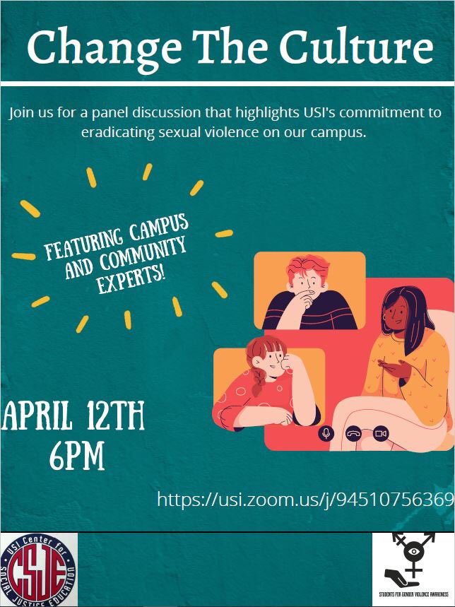 USI_CSJE's tweet photo. Join @_USI_SFGVA &amp; @USI_CSJE on Monday, 4/12 at 6pm to discuss sexual violence on campus. https://t.co/eMNMRCYtDQ