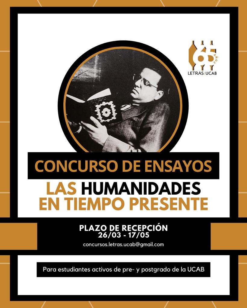 ¡Convocatoria abierta! En el marco de los 65 años de <a href="/Letrasucab/">Letras UCAB</a> y los 120 del natalicio de Mariano Picón Salas, invitamos a los estudiantes de <a href="/enlaucab/">UCAB</a> a participar en nuestro concurso de ensayos.

Descarga las bases ➡️
cutt.ly/Yx6Fh6s