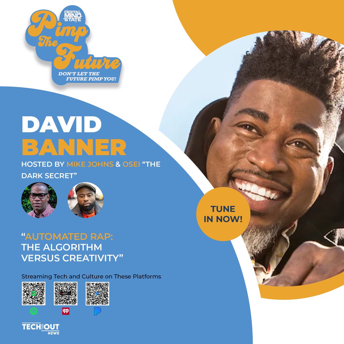 techthisoutshop's tweet photo. Just in‼️ 
Look who we had on the @techthisoutnews podcast
@davidbanner ‼️
Available on #Spotify #Pandora #itunes #iHeartRadio and other major platforms.

#techthisout #techthisoutnews #itsniktastic #earthwindandfire #davidbanner #hiphop #streaming #frequency #tuesdayvibe https://t.co/0N6sTCaI4K