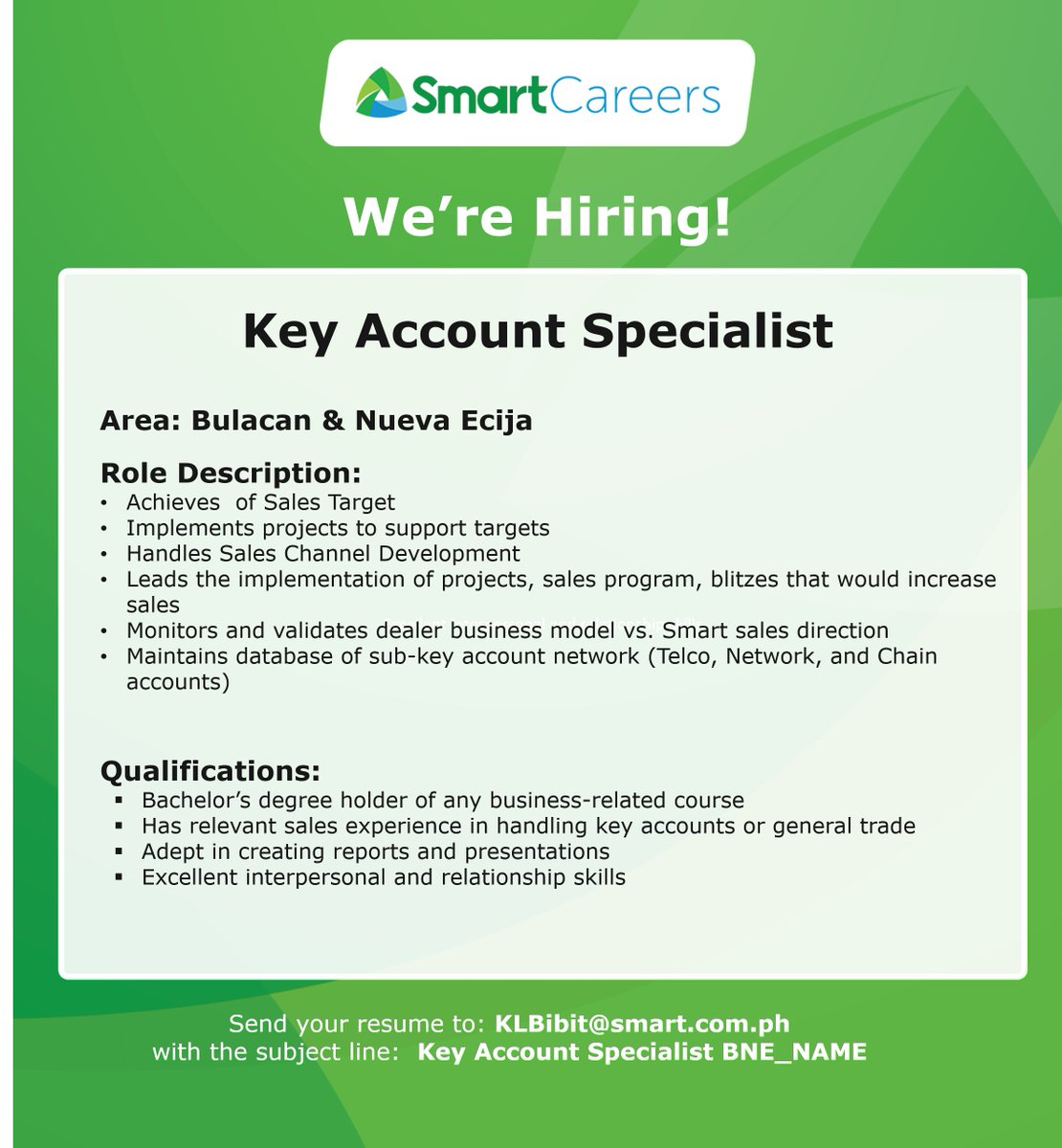 WorkatSMART's tweet photo. We’re looking for a Key Account Specialists! Join our Smart team! Check out the ad for more details. #WorkAtSmart #SmartCareers https://t.co/5nYDFYkrRU